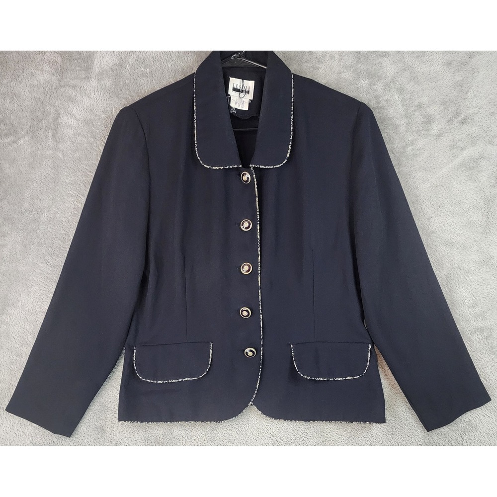 Leslie Fay Blazer Womens 8 Black Button Front Patterned Trim Vintage Jacket - Picture 1 of 12